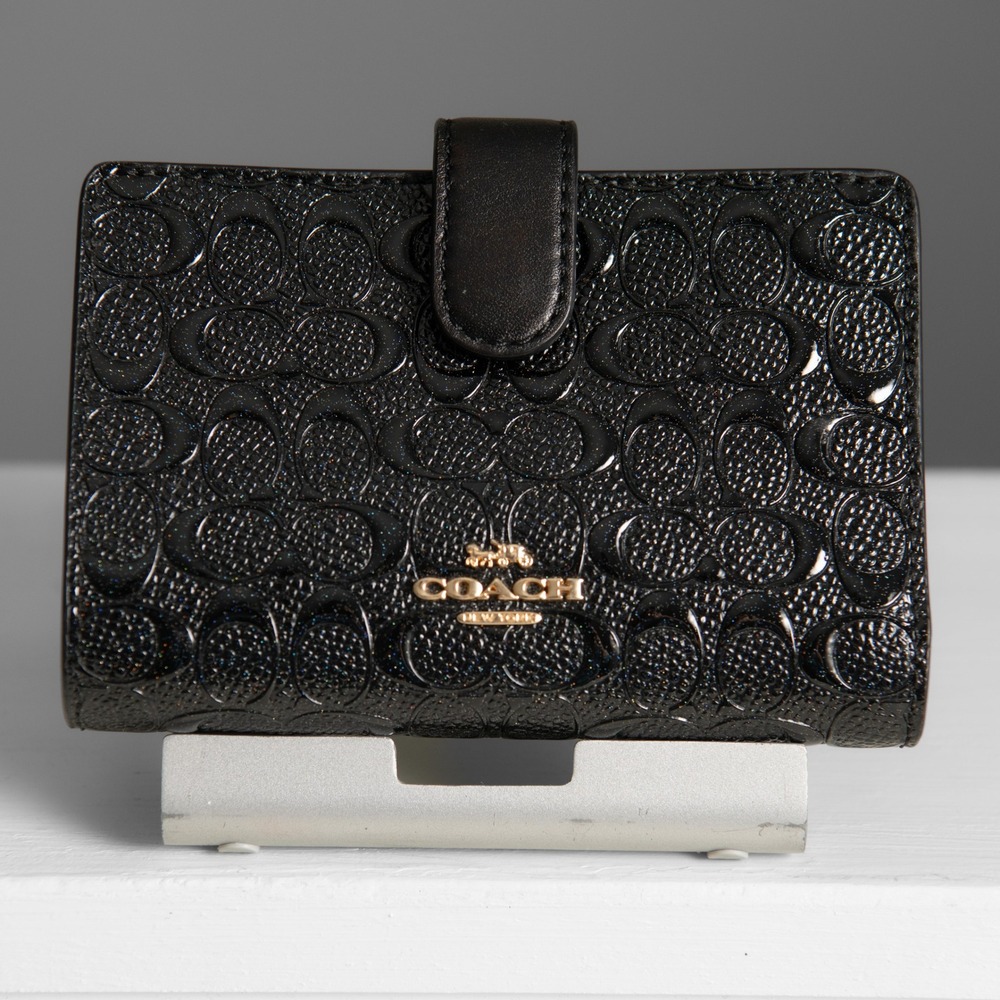 Coach Black Signature Debossed Patent Leather Medium Corner Zip Wallet Gold Logo